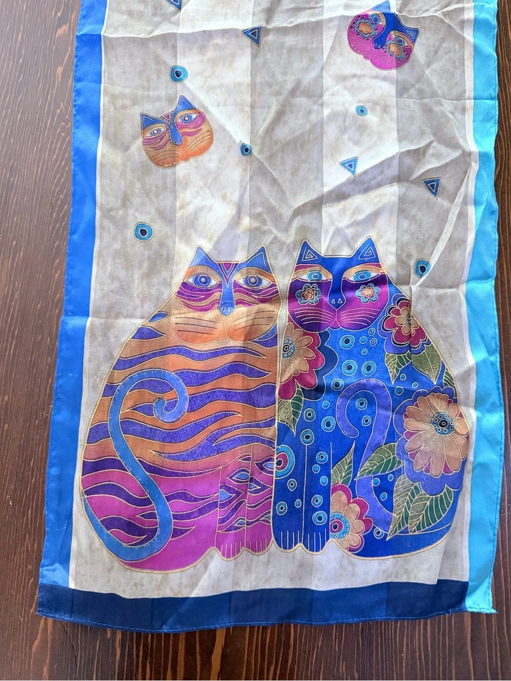 Laurel Burch Silk Scarf Vintage Cat Art Whimsical Feline Oblong 11x53 Blue⁠